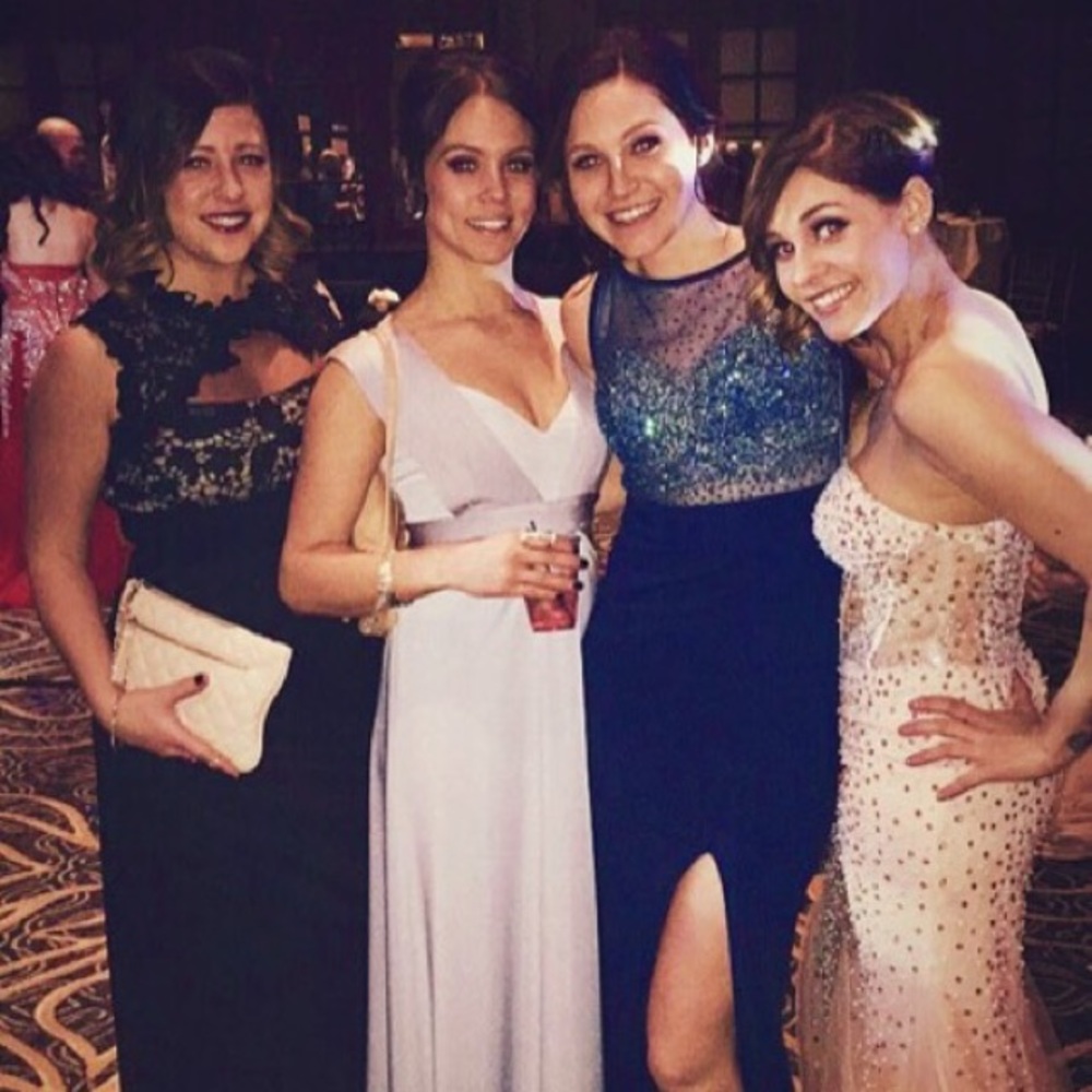 La Femme Navy blue illusion top formal dress